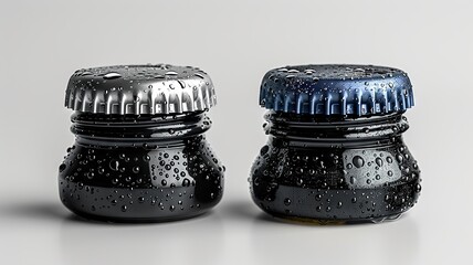 Two Black Bottles with Silver and Blue Caps and Water Drops