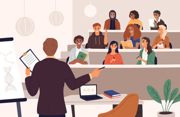 Students sitting in lecture hall. Boys and girls listen to professor. Knowledge presentation. School teachers back. Educational performance. University class. Garish vector concept