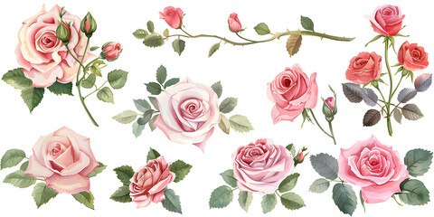 Naklejka premium Pink roses flowers, clipart set, illustration in watercolor style isolated on transparent background for wedding invitation, postcard design, scrapbooking or greeting cards. PNG, cutout.