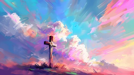 A cross of Jesus, with clouds and light behind it, in the style of a digital painting with a colorful illustration and impressionist oil color palette