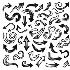 Fototapeta premium Collection of curved arrows in ink Vector hand drawn sketchy arrows pointing different directions