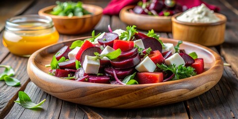 Beetroot and Feta Salad in a Wooden Bowl, Rustic Table, Food Photography, Beetroot Salad, Feta Cheese, Salad Recipe, Healthy Eating
