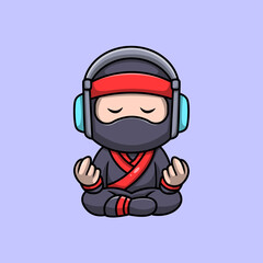 Cute meditate ninja cartoon illustration. yoga  icon concept. Flat cartoon style