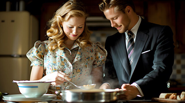 Retro couple, with tradwives serving her husband's food