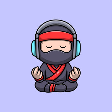 Cute meditate ninja cartoon illustration. yoga  icon concept. Flat cartoon style