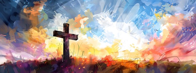 A cross of Jesus, with clouds and light behind it, in the style of a digital painting with a colorful illustration and impressionist oil color palette