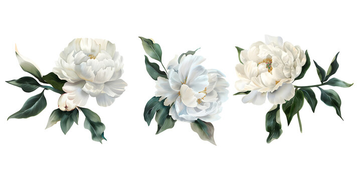 White peony flowers, clipart set, illustration in watercolor style isolated on transparent background for wedding invitation, postcard design, scrapbooking or greeting cards. PNG, cutout.