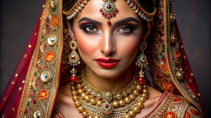 Bridal Beauty Indian Woman in Red and Gold Sari with Intricate Jewelry, Sari , Jewelry , Bridal , Indian Culture