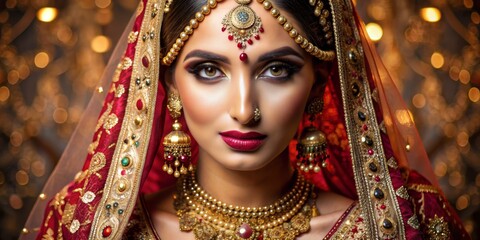 Bridal Portrait in Red and Gold, with Dramatic Makeup and Sparkling Jewelry, Indian Wedding, Saree, Bride, Tradition