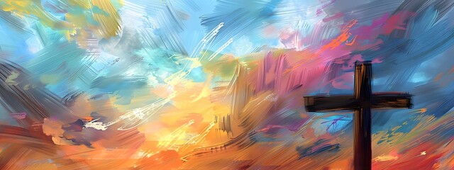 A cross of Jesus, with clouds and light behind it, in the style of a digital painting with a colorful illustration and impressionist oil color palette