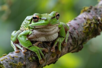 Fototapeta premium Croaking Frog. Adult Amphibian on Arboreal Tree Branch Call Background