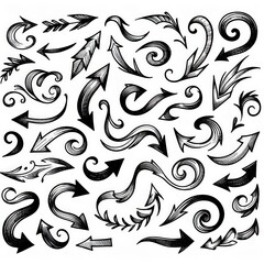 Fototapeta premium Collection of curved arrows in ink Vector hand drawn sketchy arrows pointing different directions
