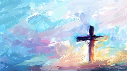 A cross of Jesus, with clouds and light behind it, in the style of a digital painting with a colorful illustration and impressionist oil color palette
