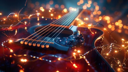 Guitar For Christmas. Abstract Acoustic Guitar Lights on New Year Background