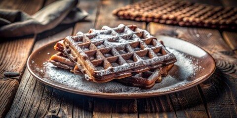 Chocolate Waffles with Powdered Sugar on a Plate, wood, brown, dessert, food