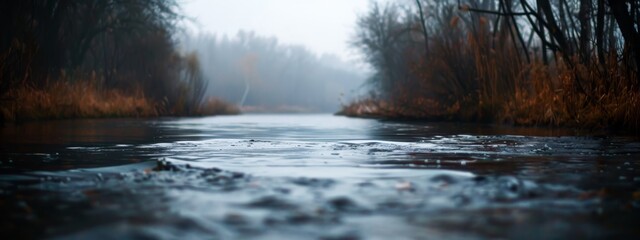  Amidst trees, a water body shrouded in fog, dotted with a few dewdrops