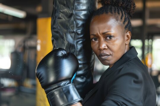 A woman in a business suit stands ready to punch a boxing bag in a gym.