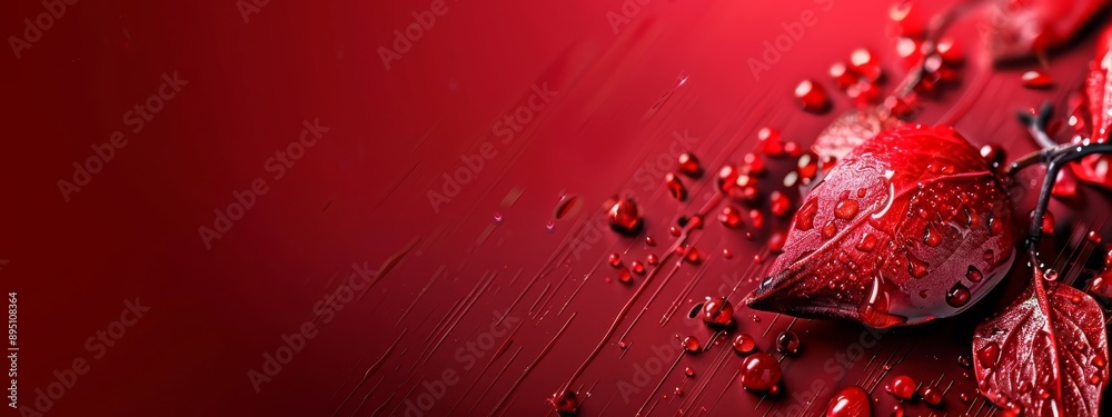 Sticker  A red umbrella sits atop a table, dripping with water, beside another red umbrella against a scarlet backdrop