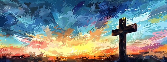 A cross of Jesus, with clouds and light behind it, in the style of a digital painting with a colorful illustration and impressionist oil color palette