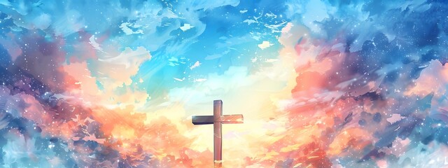 A cross of Jesus, with clouds and light behind it, in the style of a digital painting with a colorful illustration and impressionist oil color palette