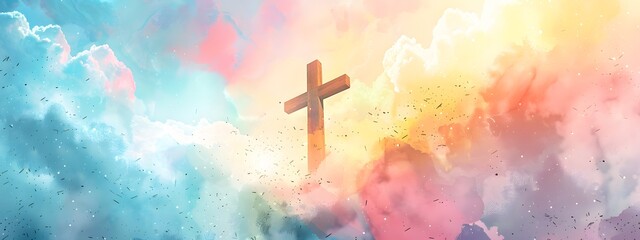 A cross of Jesus, with clouds and light behind it, in the style of a digital painting with a colorful illustration and impressionist oil color palette
