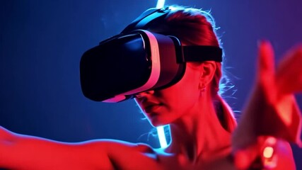 A woman wearing a VR headset interacts with the virtual world, bathed in red and blue neon light. - Powered by Adobe