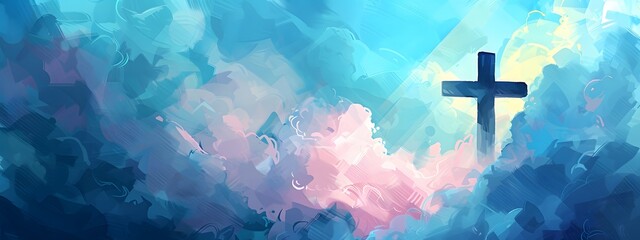 A cross of Jesus, with clouds and light behind it, in the style of a digital painting with a colorful illustration and impressionist oil color palette