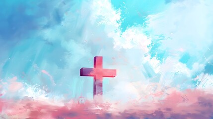 A cross of Jesus, with clouds and light behind it, in the style of a digital painting with a colorful illustration and impressionist oil color palette