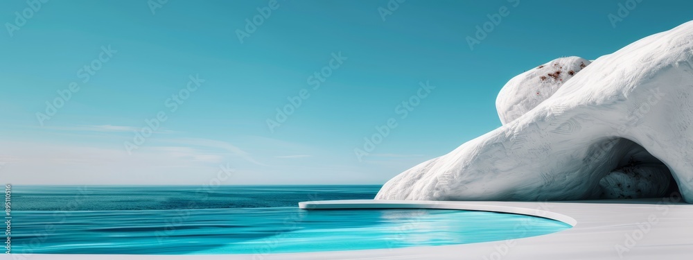 Sticker  A large iceberg floats on a body of water, beside another, beneath a blue sky