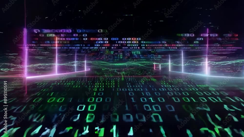 Poster A digital landscape with green binary code in the foreground and a horizon line in the distance. The background is dark with a few green dots scattered throughout.