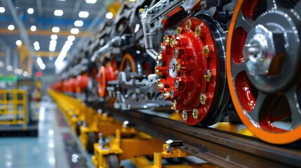 Fototapeta premium A train with red wheels is on display in a factory