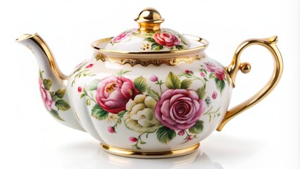 Elegant Floral Teapot with Gold Accents - Porcelain Teapot with Pink Roses, Teapot, Porcelain, Roses, Gold
