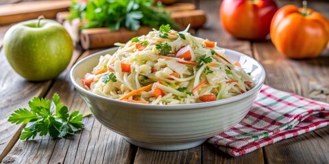 Fresh Homemade Coleslaw in a White Bowl on Rustic Wooden Table, coleslaw, salad, vegetables, healthy