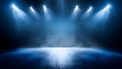 Blue Stage Lights Illuminating a Foggy Concrete Floor