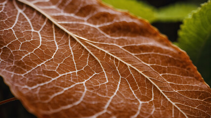 Close-up of a leaf with visible veins and texture. Generative AI