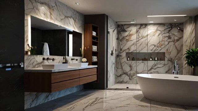 Modern home bathroom interior design with vanity and shower area. luxury marble and quartz counter. 3d visualization.
