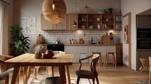 HD video Boho scandinavian interior design living room with kitchen, island and dining table. 3d render illustration Japandi style. Animation scene.