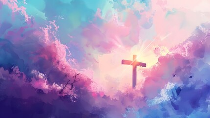 A cross of Jesus, with clouds and light behind it, in the style of a digital painting with a colorful illustration and impressionist oil color palette