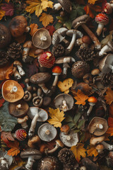 various mushrooms arranged in an aesthetically pleasing pattern, showcasing their diversity and beauty. The background is muted with earthy tones to highlight the colorful mushrooms