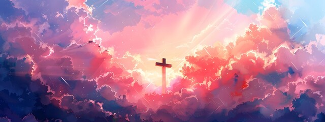A cross of Jesus, with clouds and light behind it, in the style of a digital painting with a colorful illustration and impressionist oil color palette
