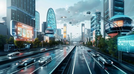 Obraz premium A futuristic cityscape with digital billboards and autonomous vehicles