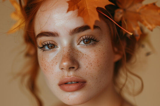 beautiful readhead woman with orange autumn leaves in her hair and brown eyes, natural makeup, fall style, on a beige background