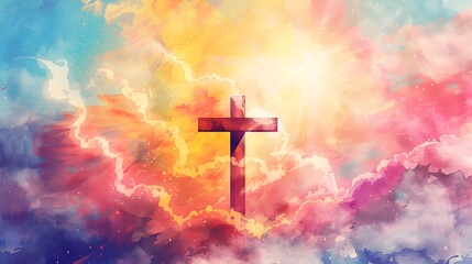 A cross of Jesus, with clouds and light behind it, in the style of a digital painting with a colorful illustration and impressionist oil color palette