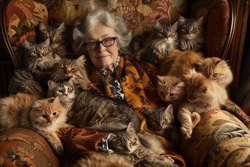 eccentric old cat lady with grey hair , wearing glasses , sitting in her chair surrounded by many cats, covered and buried under soft, fluffy materials in warm colors.