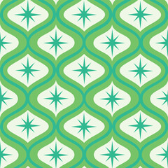 Mid Century Modern Atomic Starbursts on ogee seamless pattern in mint green, lime green and white. For wallpaper, textile, fabric and home décor.