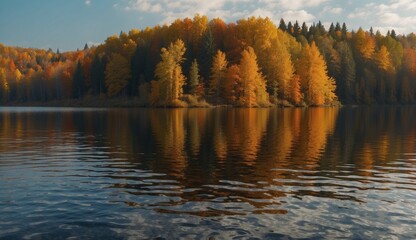 Fototapeta premium Autumn forest reflected in calm lake waters.