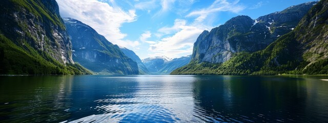  A crystal-clear body of water nestled among mountains under a vast blue sky dotted with wispy clouds and scattered clusters of clouds