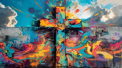 Obraz premium Emotive Easter cross graffiti artwork, viewed from a distance to capture the entire scene. The dynamic, bold spray paint strokes embody the raw power of street art, graffiti