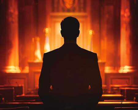 Closeup of a prosecutor s silhouette in a red courtroom, prosecutor icon, commanding presence