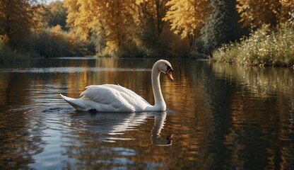 Fototapeta premium Graceful swan swimming in a lake during autumn season